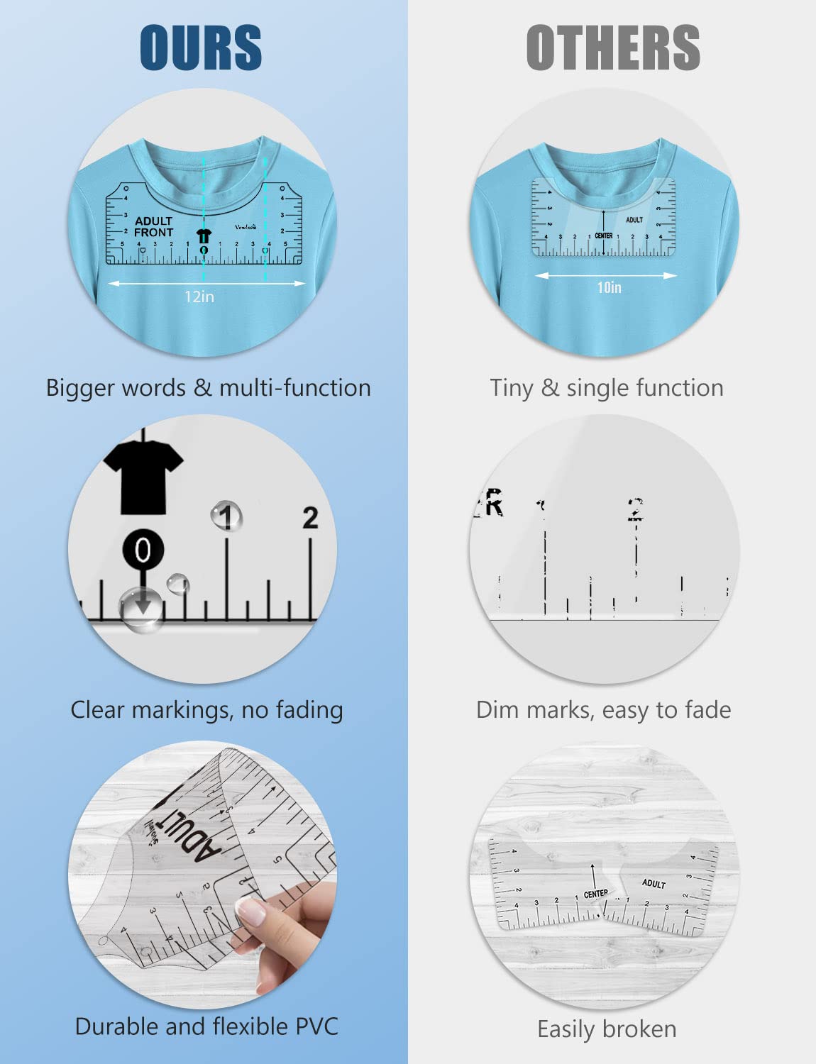 Vowlove Tshirt Ruler Guide for Vinyl Alignment - T Shirt Measure Rulers Guide, Shirt Measurement Centering Tool Heat Press Screen Printing V-Neck Embroidery Accessories Sublimation Blanks Product