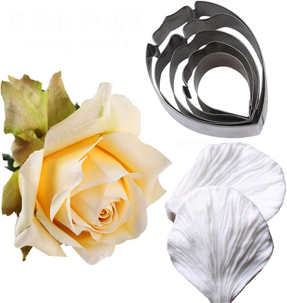 KALAIEN 5pcs Stainless Steel Peony Cutter 2pcs Fondant Silicone Mold Gumpaste Peony Sugarcraft Flower Veining Mold Veiner Petal Making Tool