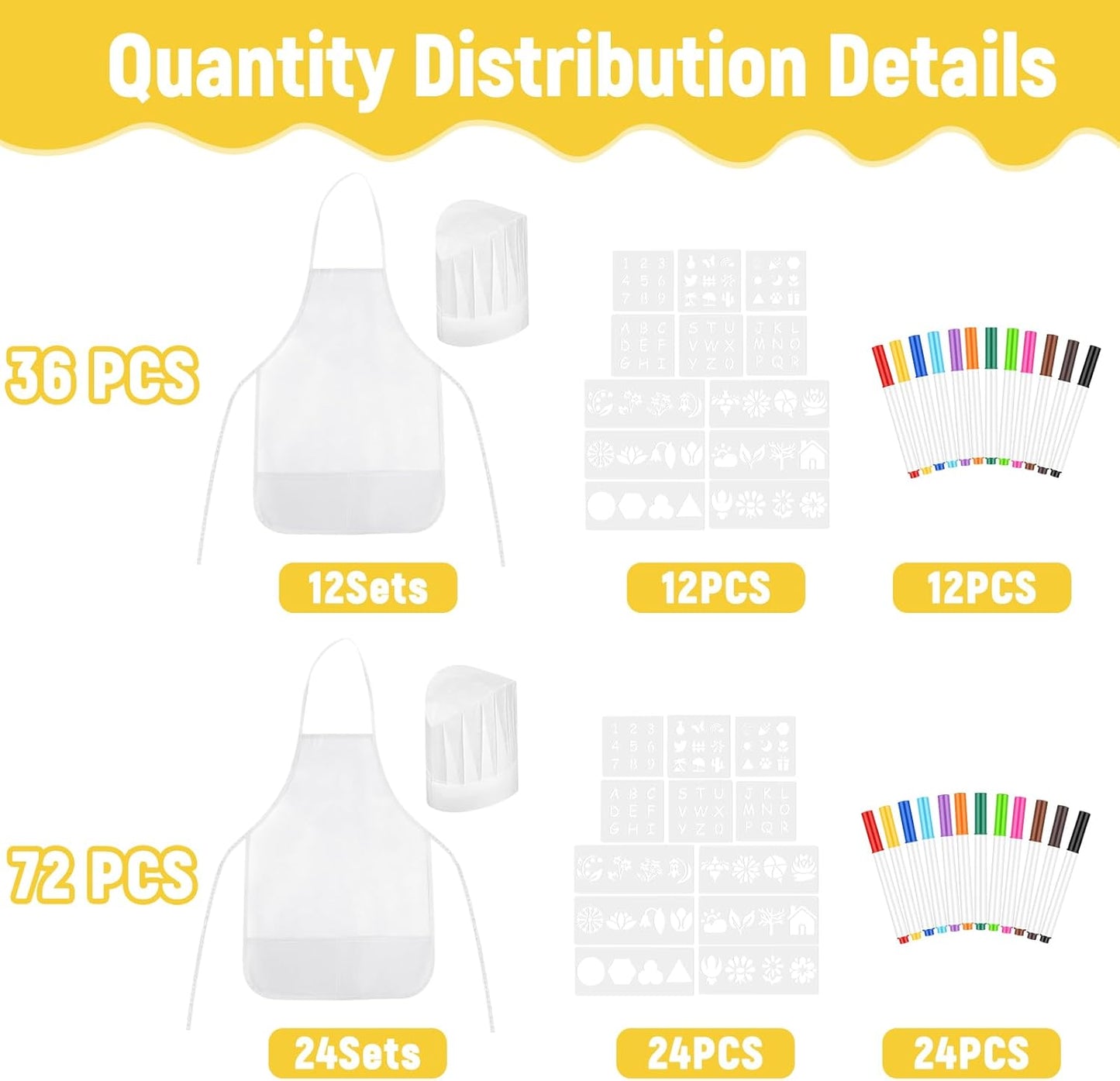36PCS DIY Kids Chef Hat and Apron Set Kids Painting Aprons with Colored Pen and Crafts Template for Baking Painting Craft