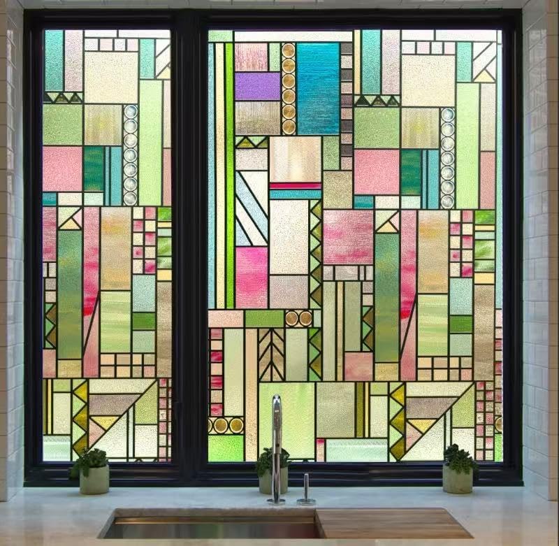 3D Stained Glass Window Privacy Film, Heat Control UV Blocking Static Cling Decorative Window Film for Bathroom,Front Door,Home Non Adhesive,Colorblock 23.6 x 35.4 inches