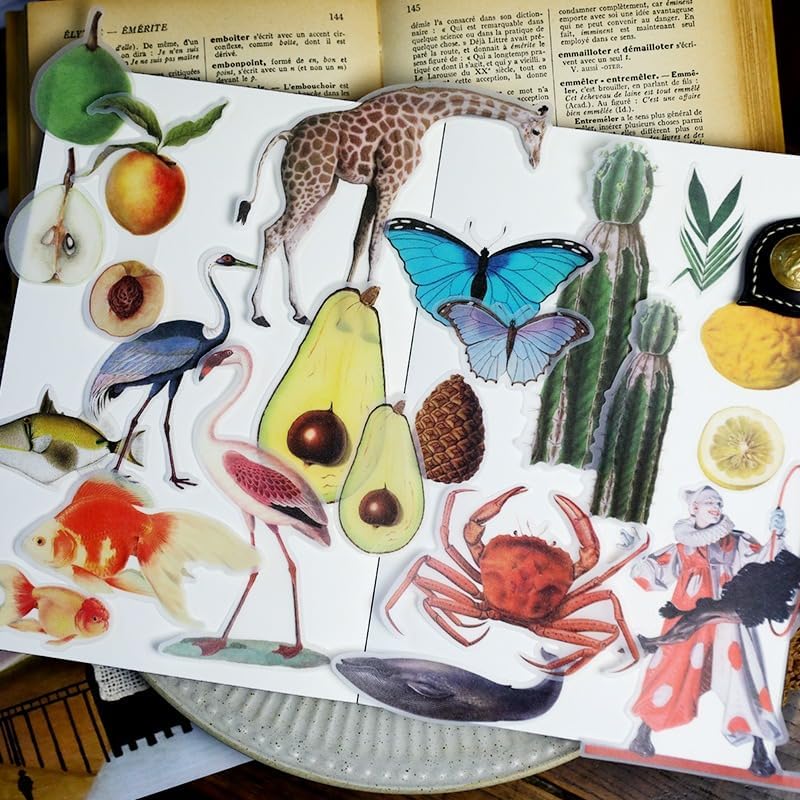Vintage Vellum Stickers Floral Plants Elements Scrapbooking Supplies Flowers Botanic Natural Translucent Paper Self-Adhesive Junk-Journal Items (Animal World)