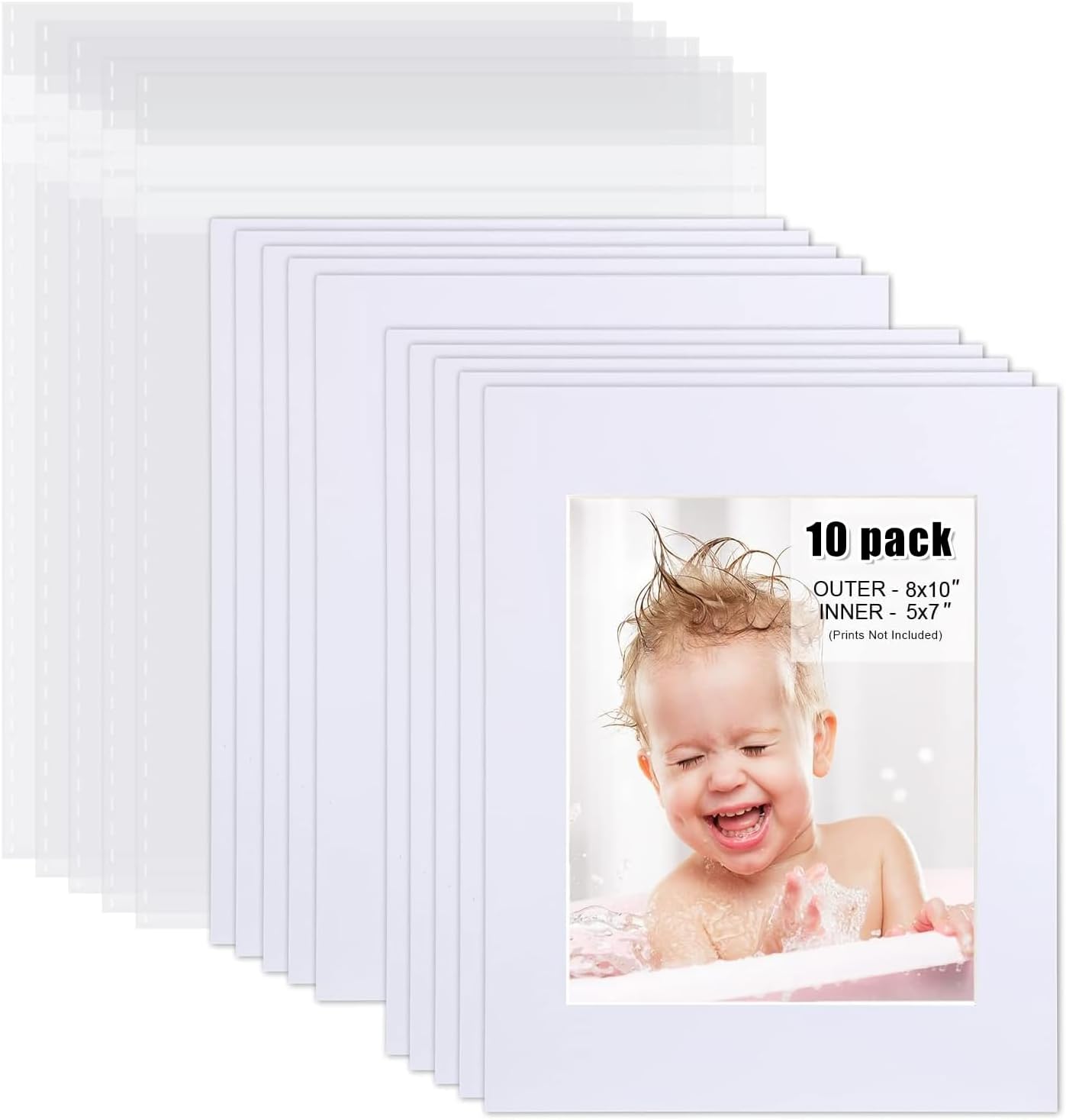 Egofine Pack of 10 White Mat Board Pre-Cut 8x10 Picture Mat for 5x7 Photo with White Core Bevel Cut Mattes Sets. Includes 10 High Premier Acid Free Mats & 10 Backing Board & 10 Clear Bags