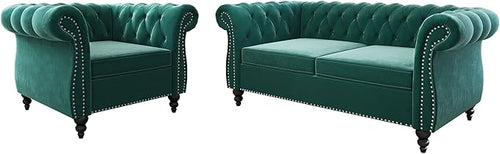 2 Piece Living Room Set, Velvet Chesterfield Sofa Loveseat Couch Chair by ORRD