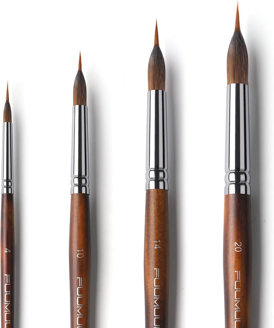 Watercolor Brushes Professional, Fuumuui 4Pcs Extended Needle Point Brushes Synthetic Extra Long Pinhead Brush with Sable Body for Fine Detailing - Watercolor Acrylic Gouache Inks Painting