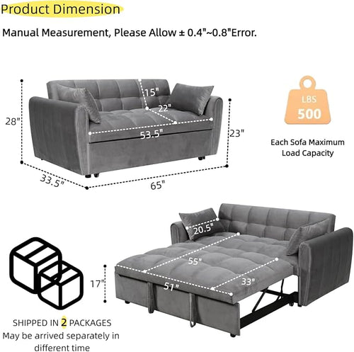 65 Inch Convertible Sleeper Sofa, 3-in-1 Sleeper Loveseat - Image 2