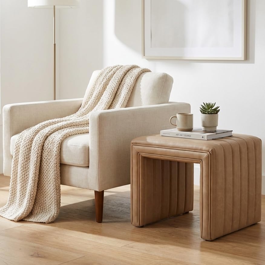 HomePop 19" Modern Channel Tufted Ottoman - Image 2