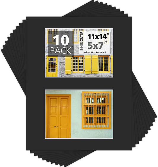 Mat Board Center, Pack of 10, Photo Picture Mats - Acid Free, 4-ply Thickness, White Core - for Pictures, Photos, Framing (11x14 for 2-5x7 Black)