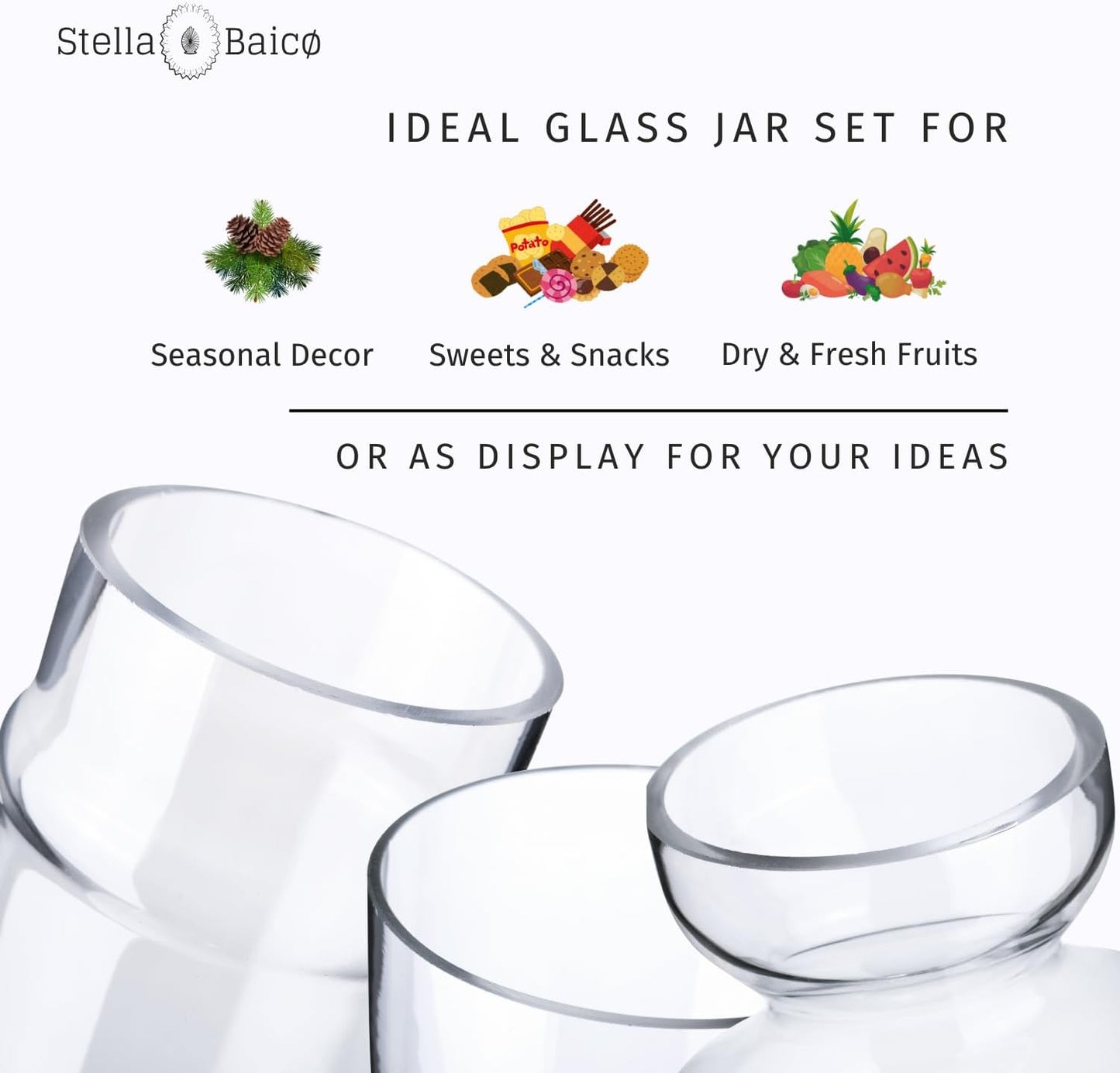 3-Pack Glass Apothecary Jars with Lids – Decorative Candy Storage Containers for Wedding, Buffet, Kitchen (H: 9", 12.5", 14")