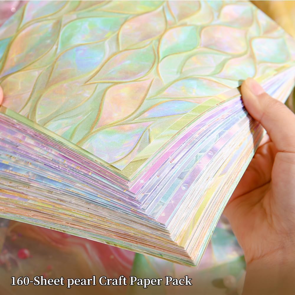160 Sheets of Pearlescent Scrapbook Paper, journaling Scrapbook Supplies Craft Collage Paper Set, Junk Journal Bullet Journal Poster Room Decor for Card Making Decorative Gifts