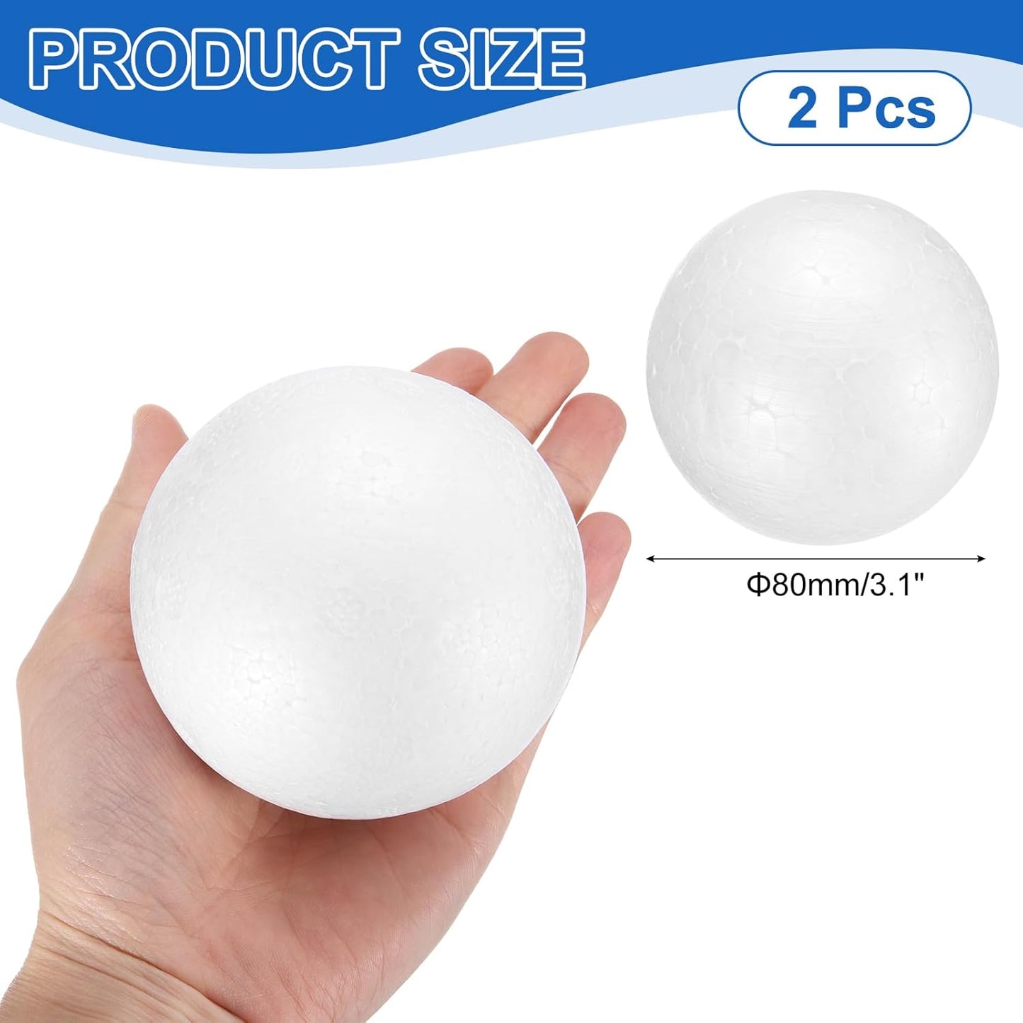 uxcell 2 Pcs White Foam Balls, 3.1 Inch Polystyrene Craft Foam Balls Solid Round Ball for Art, Household, DIY, Party Decorations
