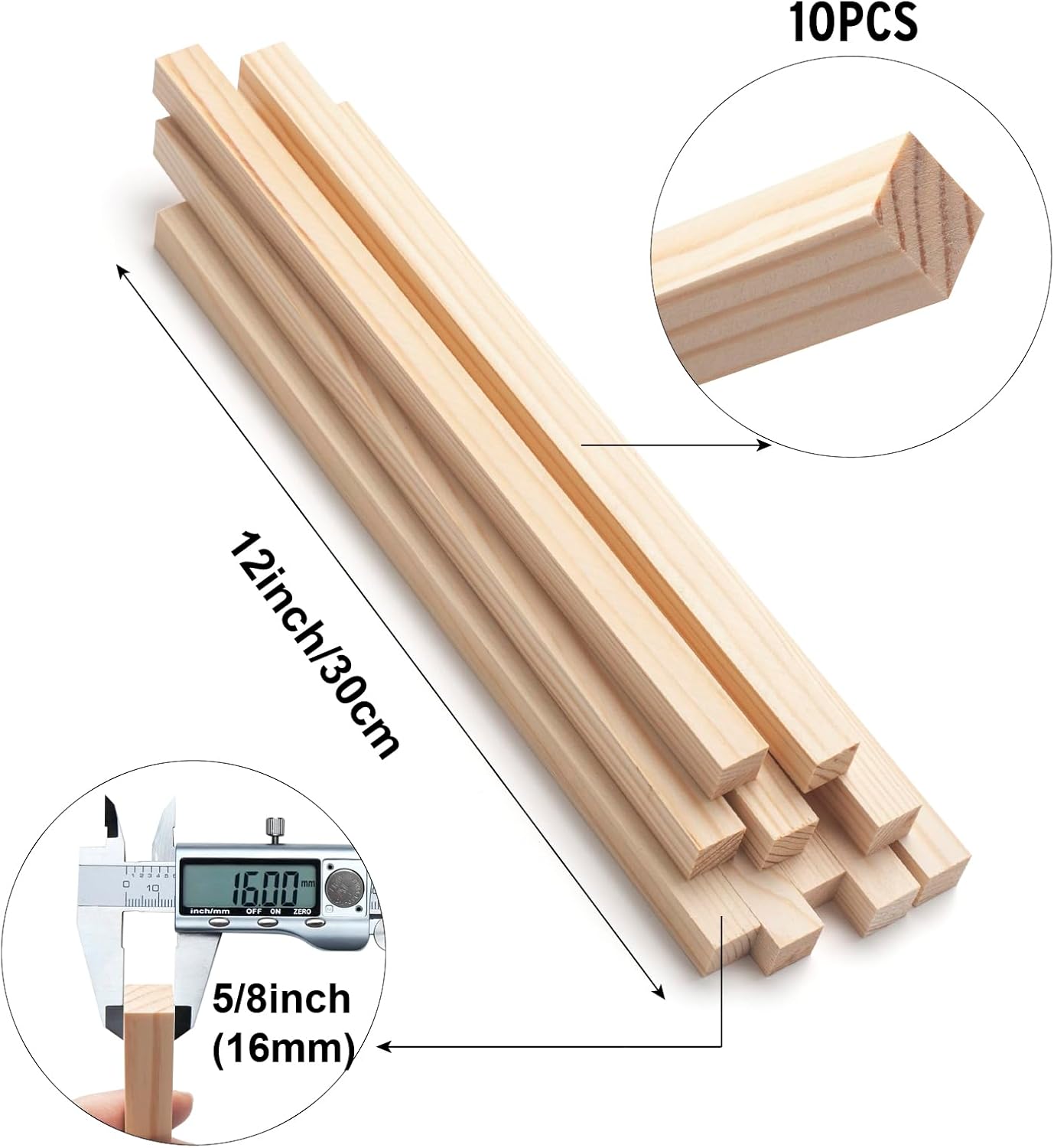 Square Wooden Dowel Rods, 10 PCS 5/8" x 12" Square Wood Dowel Rods Wooden Sticks for Crafts, Unfinished Hardwood Sticks Wood Strips for Woodworking, Crafting, Arts and DIYers, Home Decor, Model Making