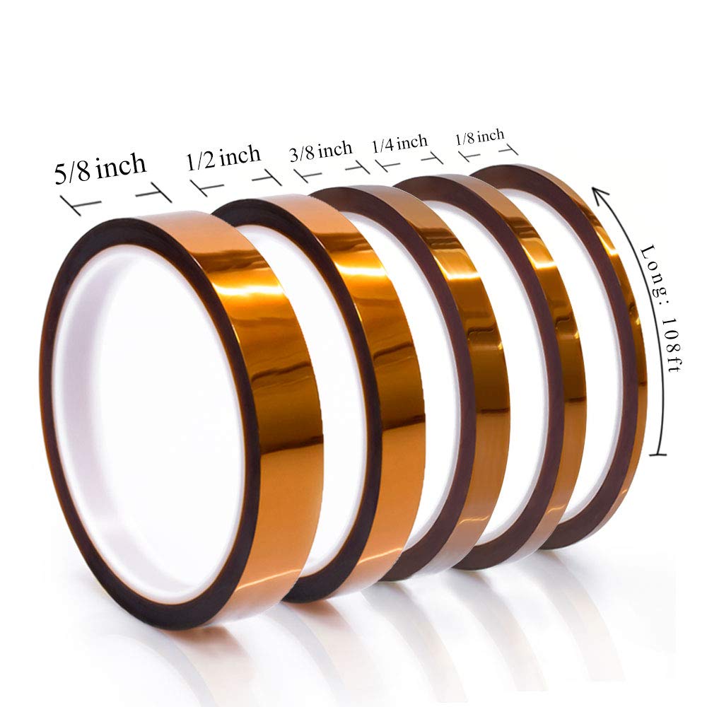 MYJOR high Temp Tape, Heat Press Tape Used to Protect CPU, PCB Circuit Board Professionals (1/8", 1/4", 3/8", 1/2", 5/8"-108ft, 5 Rolls)