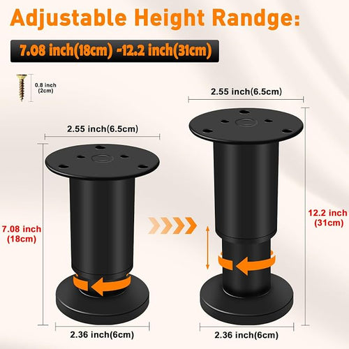 4 PCS Adjustable Round Furniture Legs 7-12.2 inch, Adjustable Height Metal - Image 2