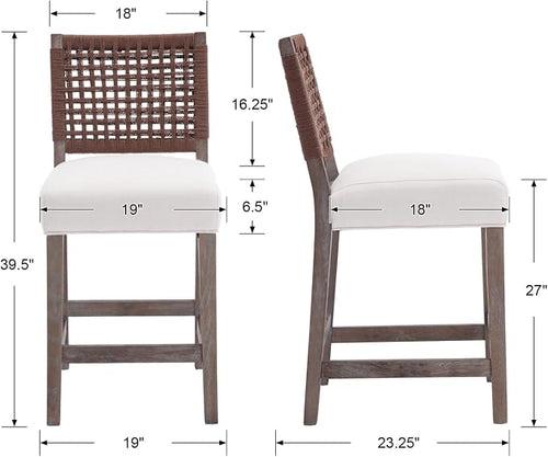 27-Inch Midcentury Modern Counter Stools, Wooden Wicker Stool Chairs - Image 2