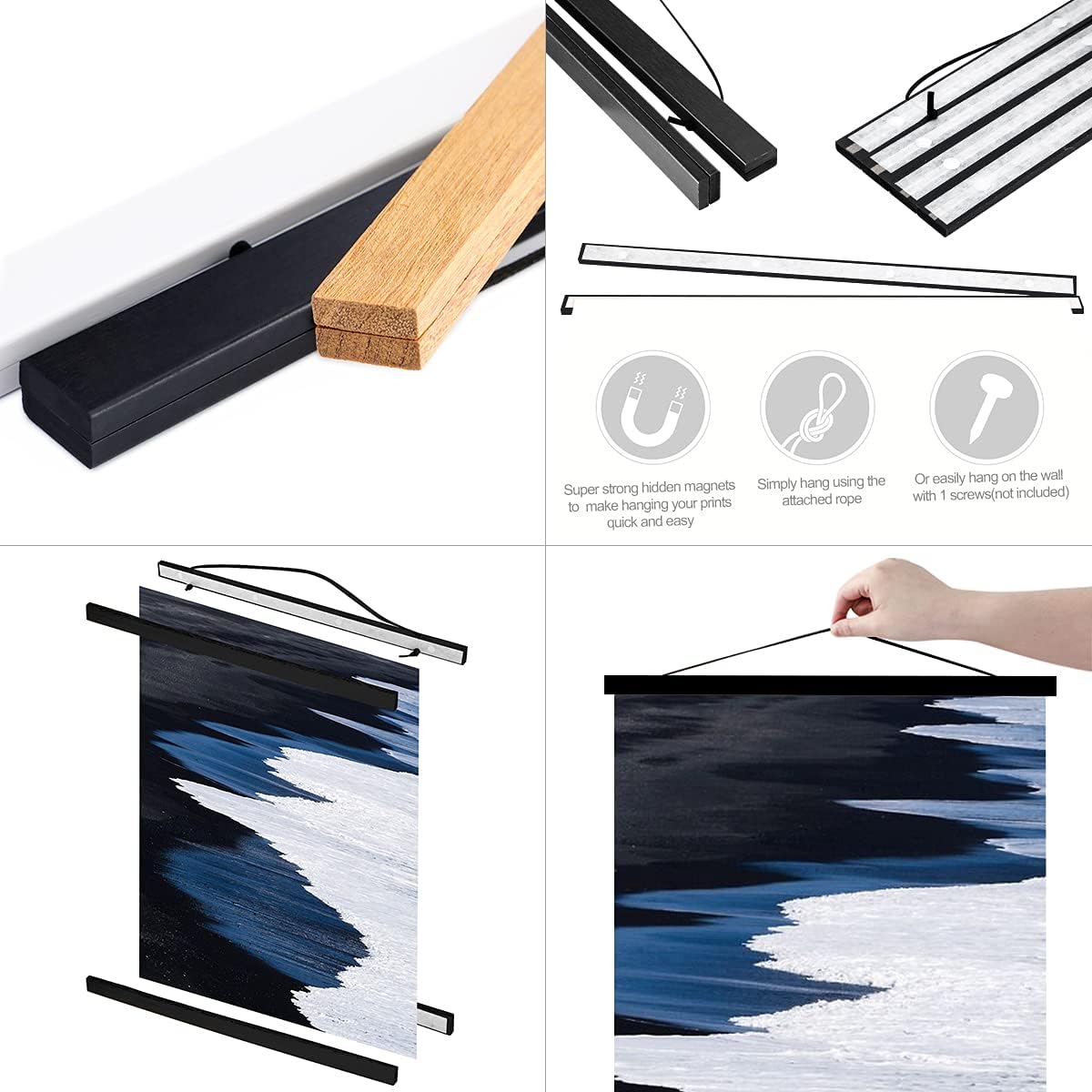 Ywlake Magnetic Poster Hanger, 33x24 33x23 33x50 Poster Frame Wood Wooden Magnet Print Posters Dowel Scroll Hanger Hangers Hanging Kit for Walls Map Canvas Artwork (Black, 33")