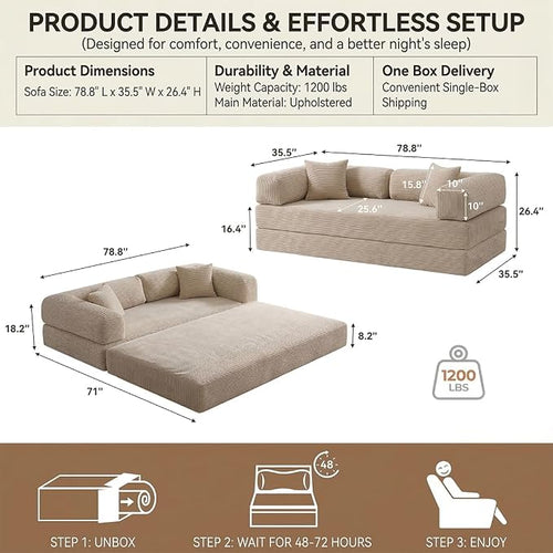 78" 4-in-1 Convertible Sofa Bed, Boneless Corduroy Sleeper Couch - Image 2