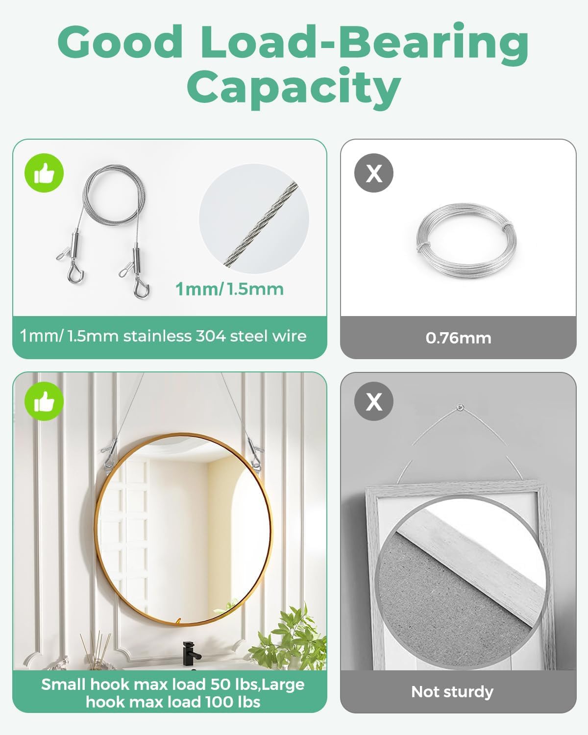 2PCS Adjustable Picture Hanging Wire 2m x 1.5mm Large Hooks, Picture Frame Wire Kit Heavy Duty 100lbs, Stainless Steel for Art, Mirror, Light Lamp, Billboards, Basket Flowerpot