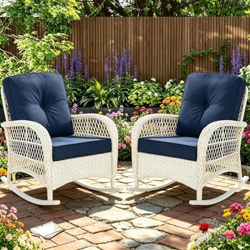 MEETWARM Outdoor Wicker Rocking Chairs Set of 2, Rattan Patio Rocker Chairs by MEETWARM