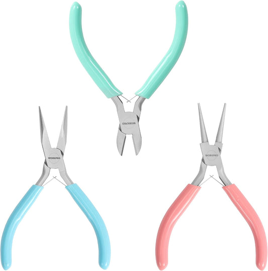 WORKPRO Jewelry Pliers Set, 3 Pack Jewelry Making Tool Kit Includes Mini Needle Nose Plier/Chain Nose Plier, Round Nose Plier and Wire Cutter for Jewelry Repair, DIY Crafts, Jewelry Making Supplies