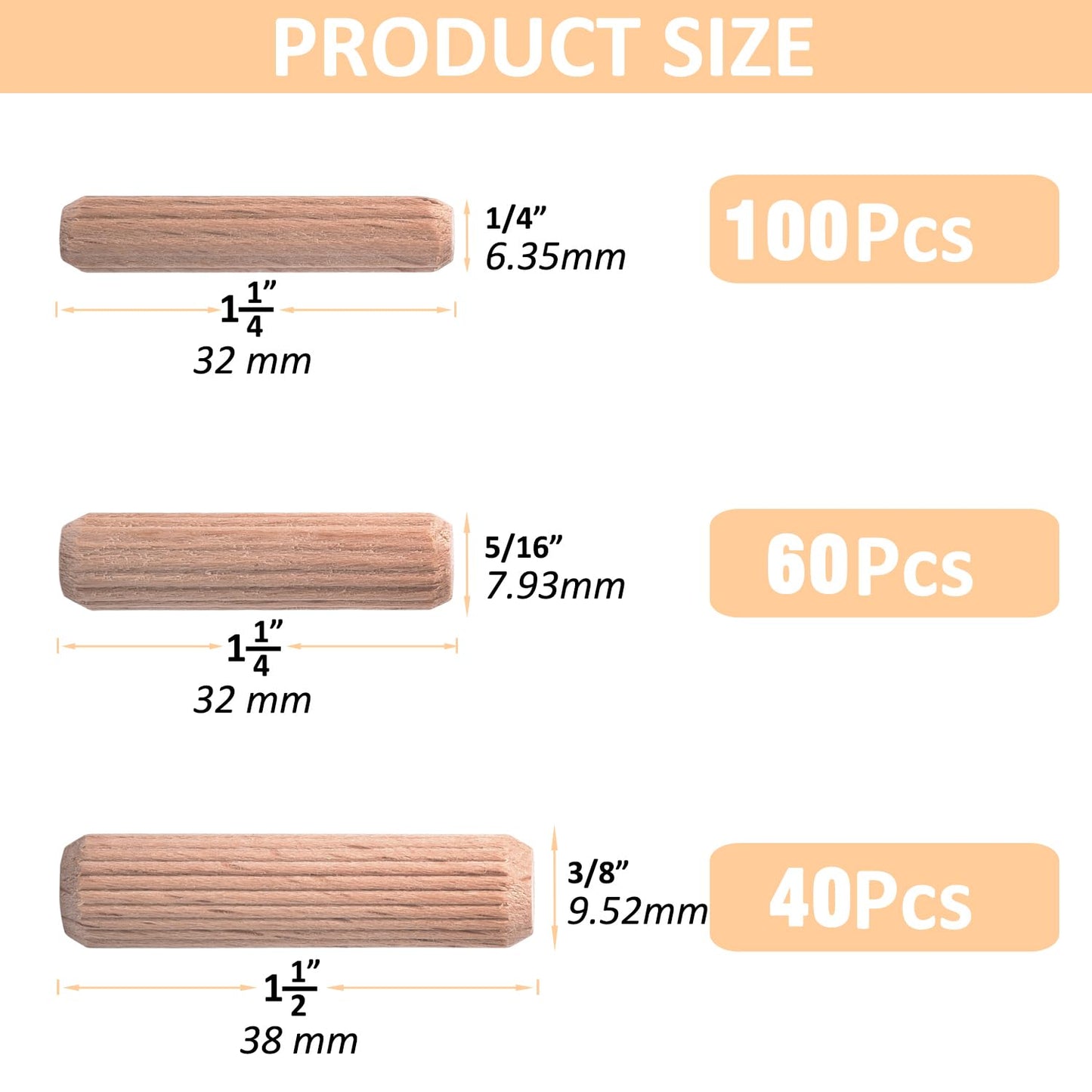 200 Pcs Wooden Dowel Pins - 1/4 inch, 5/16 inch,3/8 inch Fluted Wood Dowels Rods,Hardwood Crafts Dowel Pegs