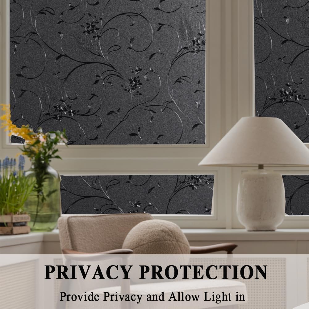 Mikomer Total Blackout Window Film,100% Light Blocking Privacy Glass Door Film Etched Flowers,Room Darkening Window Cling,No Glue/Heat Control/Anti UV for Day Sleep & High Privacy,17.5In. by 157In.