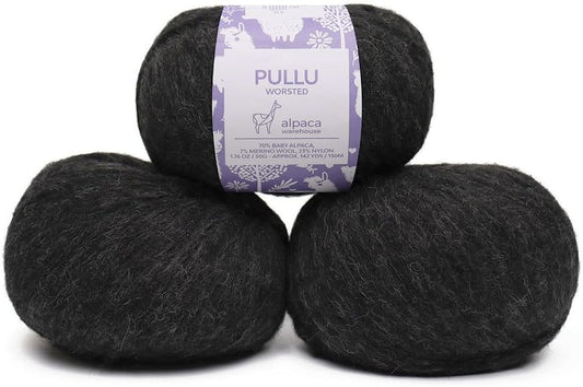 Pullu - Baby Alpaca Merino Wool Yarn Set of 3 Skeins (150 Grams) Worsted Weight - Sourced Directly from Peru - Heavenly Soft and Perfect for Knitting and Crocheting (Charcoal Gray)