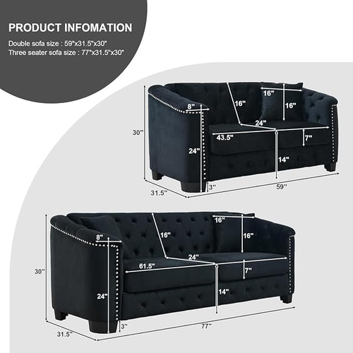 2 Piece Modern Chesterfield Velvet 77" 3-Seater+59" Loveseat Sofa Set, - Image 2
