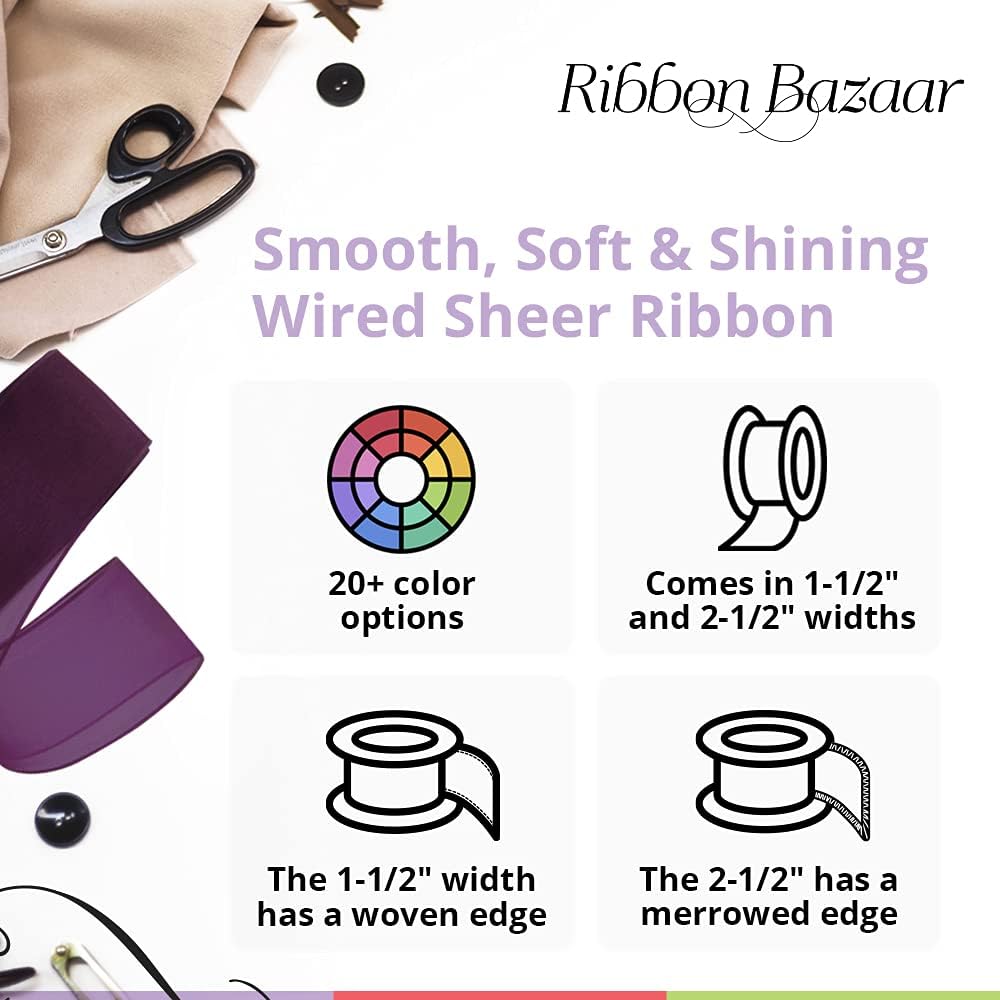 Ribbon Bazaar Sheer Organza Wired Ribbon - 100% Polyester Wire Edged Ribbon for Floral Decor, Table Arrangements, Apparel Embellishment & More - 1-1/2" Apple Green 25yd