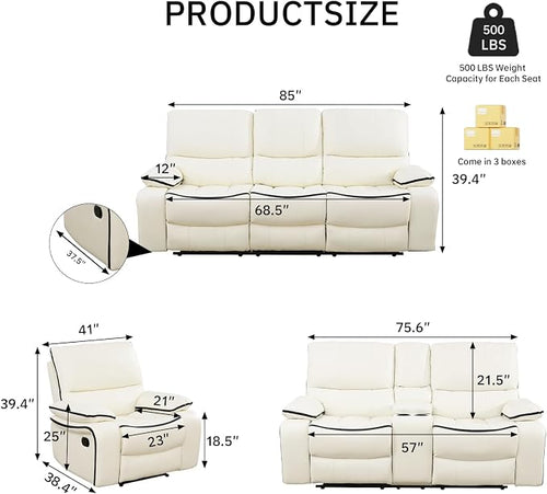 3-Piece Recliner Sofa Set, Adjustable Leather Recliner - Image 2