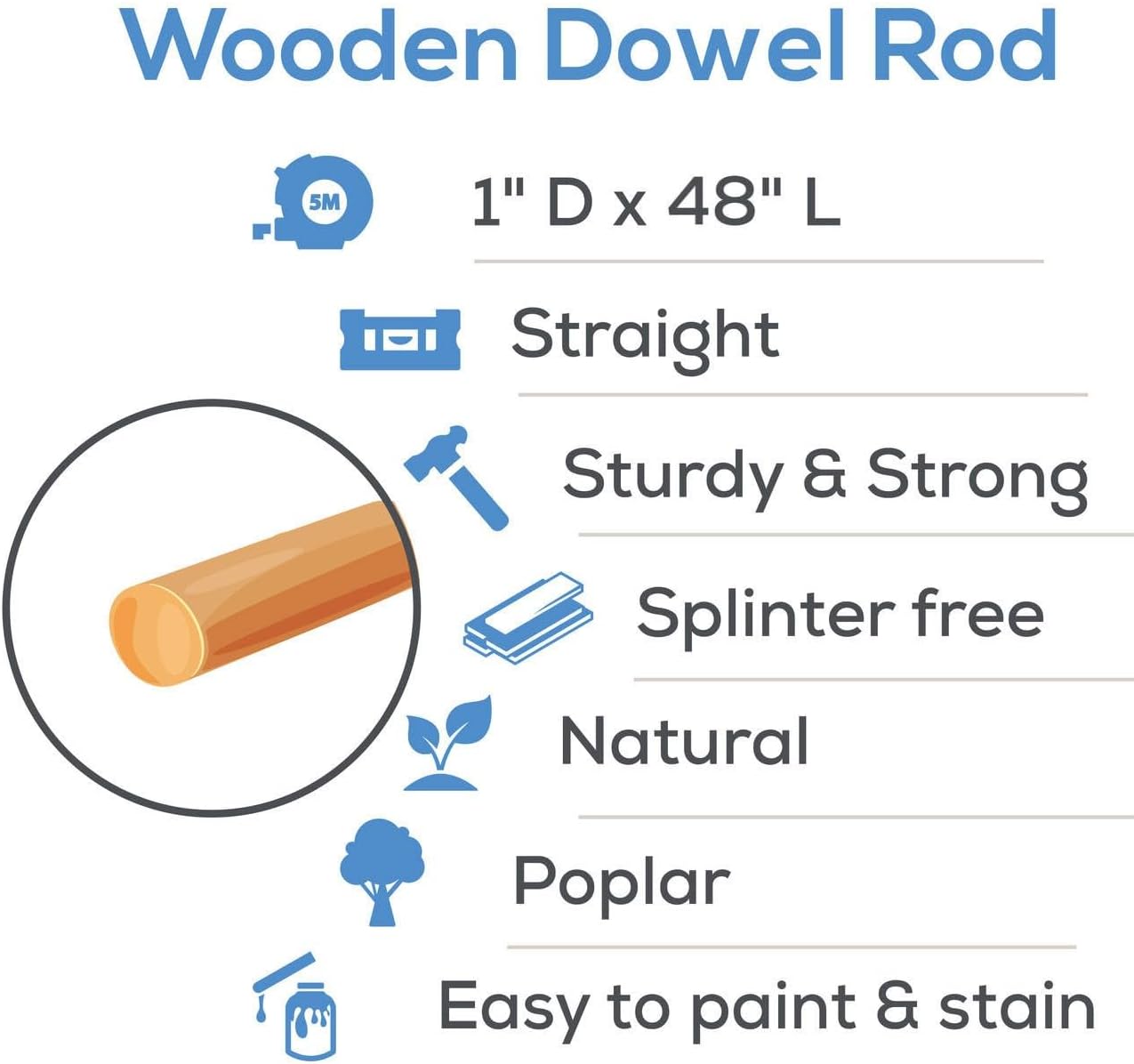 Wooden Dowel Rod, 1 Inch x 48 Inch Wood Dowels, Pack of 5 Wooden Dowels for Crafts, Unfinished Hardwood Wooden Dowels Rods, Strong Wood Rod Dowels for Crafting and DIYers