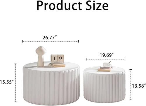 46.46'' White Round Coffee Table Set of 2, Modern Circle Fluted Drum Nesting - Image 2