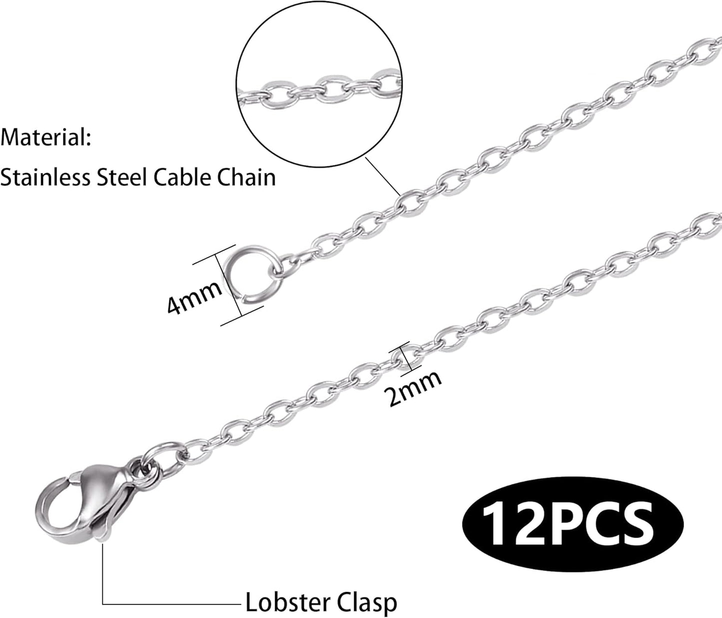 Wholesale 12 PCS Genuine Stainless Steel Fine Cable Chain Necklace Chains Bulk for Jewelry Making 18-30 Inches (30 Inch(2MM))