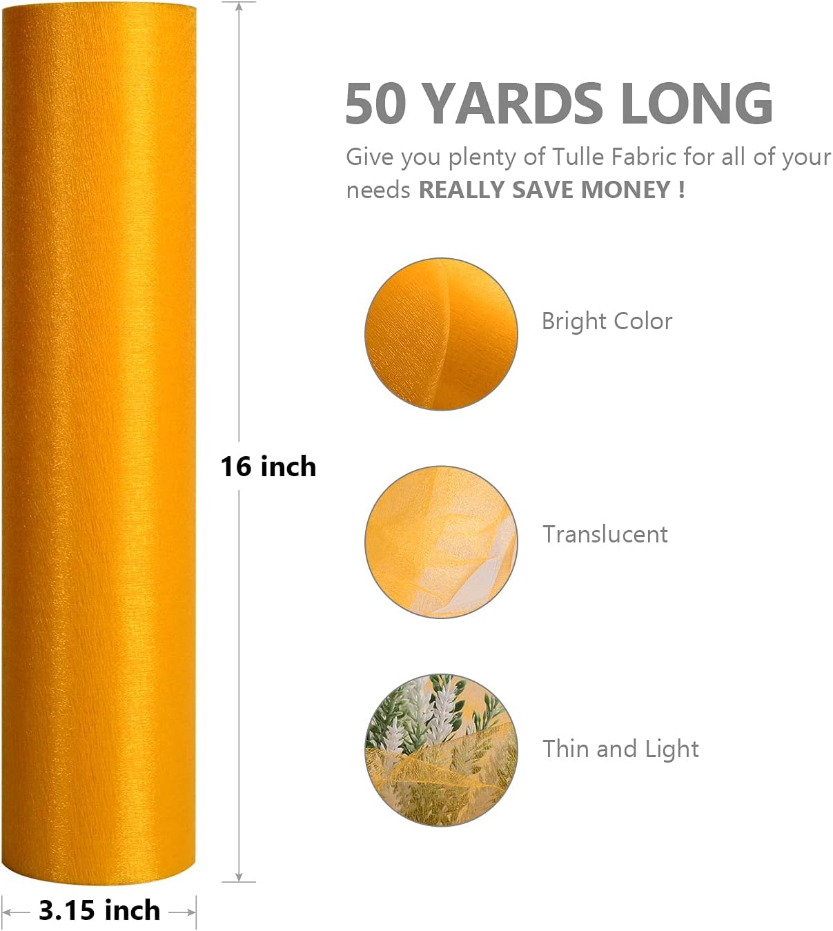 Crystal Organza Fabric Tulle - 16" by 50 Yards Sheer Fabric for Wedding Party Decoration Bridal Shower Tutu Roll Netting Spool Ribbon Wrapping (Gold)