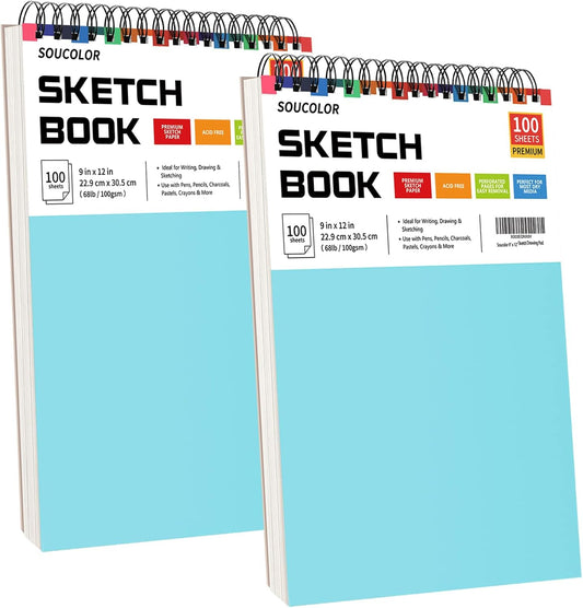 Drawing Set Sketching Kit, Pro Art Supplies, Soucolor 9" x 12" Sketch Book, 1-Pack 100 Sheets Spiral Bound Art Sketchbook for Colored Pencils, Graphite, Charcoal, Metallic Pencils, Sketching Pencils