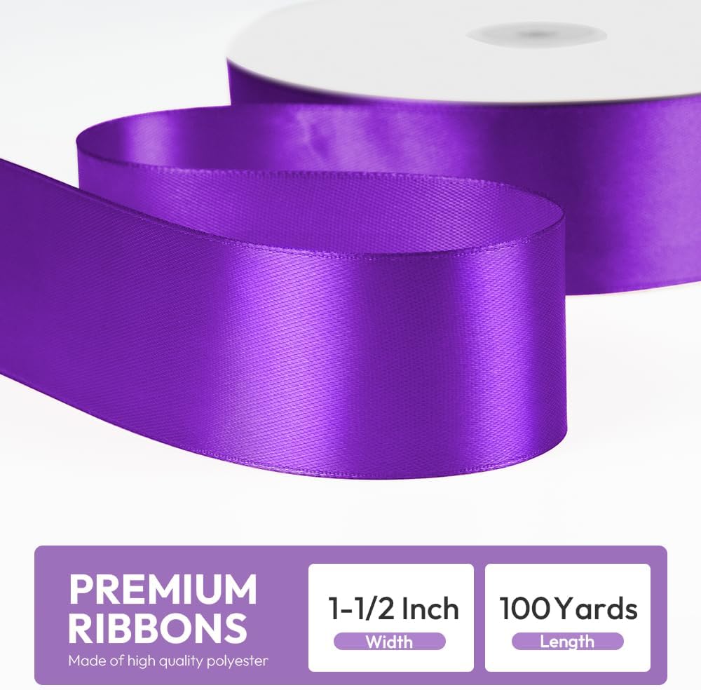 1-1/2" x 100 Yards Satin Ribbon - Wide Silk Purple Ribbon with Spool - Ideal for Gift Wrapping, Floral Bouquets, Crafts, Wedding Party Decorations, Christmas and Sewing Projects