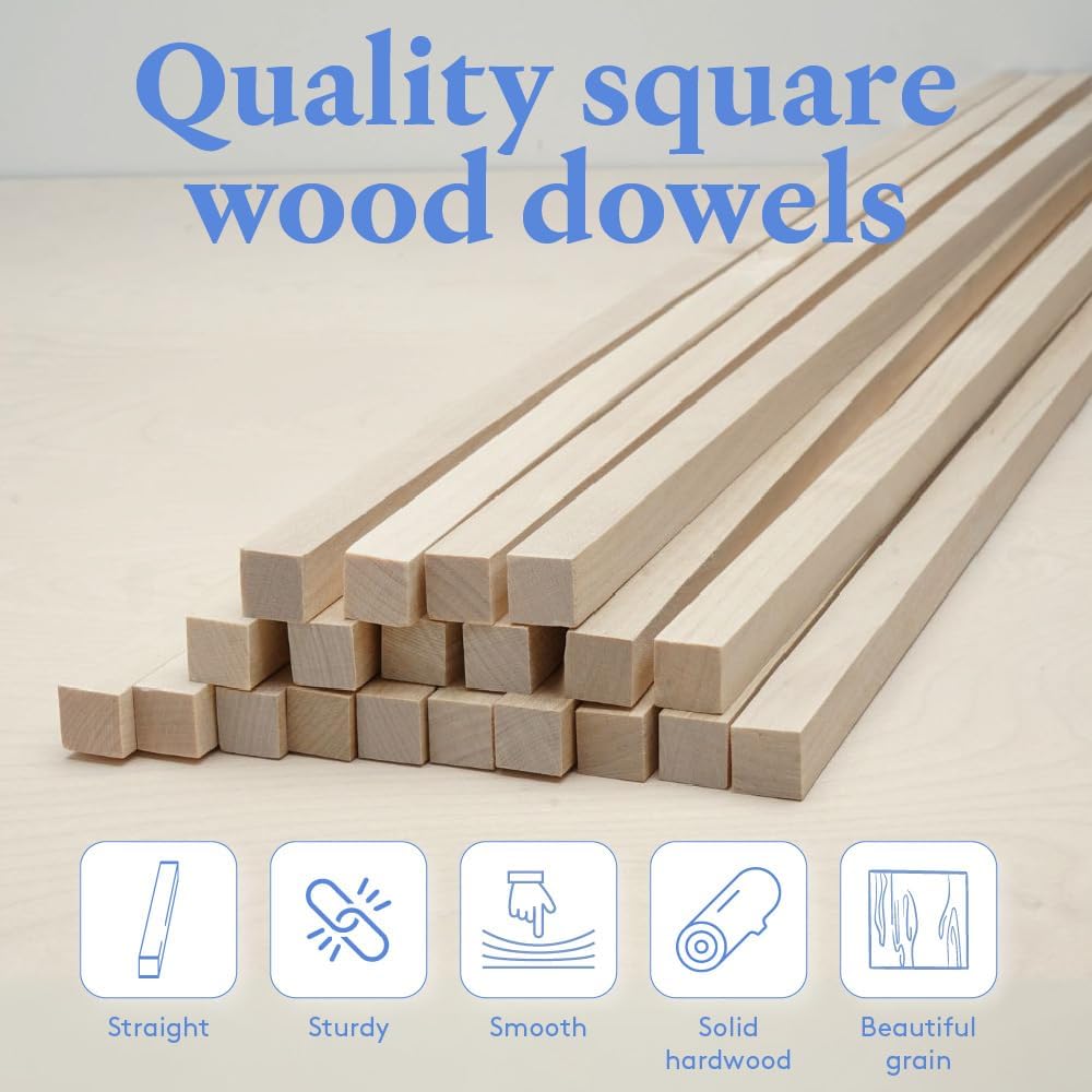 Wood Square Dowel Rods, 3/8-inch x 24-inch, Pack of 25 Wooden Craft Sticks for Crafts and Woodworking, by Woodpeckers
