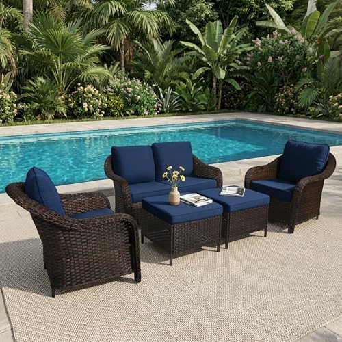 5 Piece Patio Wicker Conversation Set, All-Weather Use Outdoor Wicker Loveseat by Qsoer