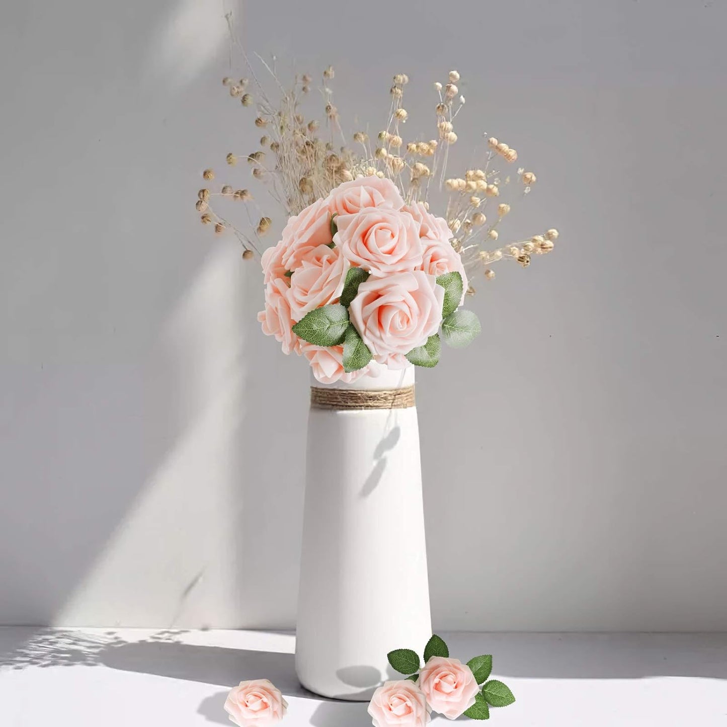 AmyHomie Artificial Flower Blush Pink Rose 50pcs Real Looking Fake Roses w/Stem for DIY Wedding Bouquets Centerpieces Arrangements Party Baby Shower Home Decorations
