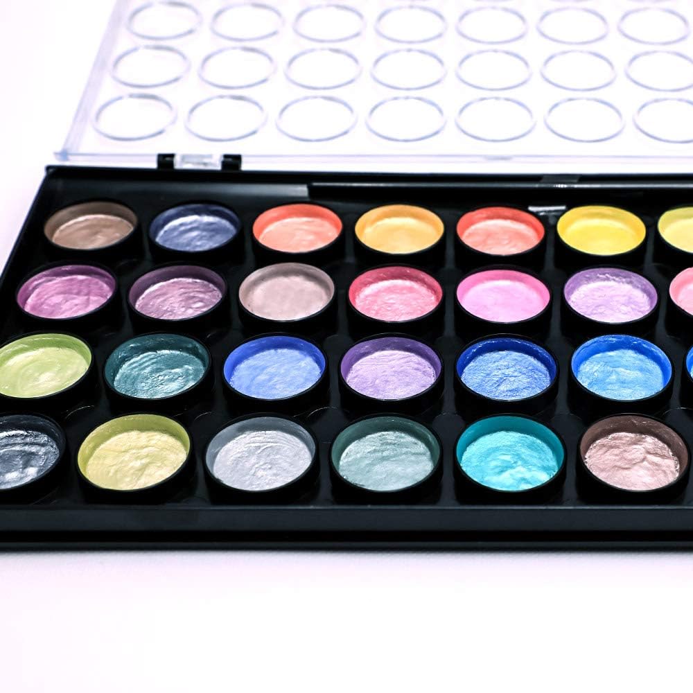 Mont Marte Signature Metallic Watercolor Set, 37 Piece Pearl Paint, 36 Vibrant Colors, 1 Paint Brush
