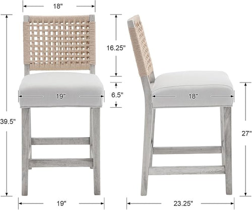 27" White Bar Stools for Kitchen Counter, Mid Century Linen Fabric Counter - Image 2