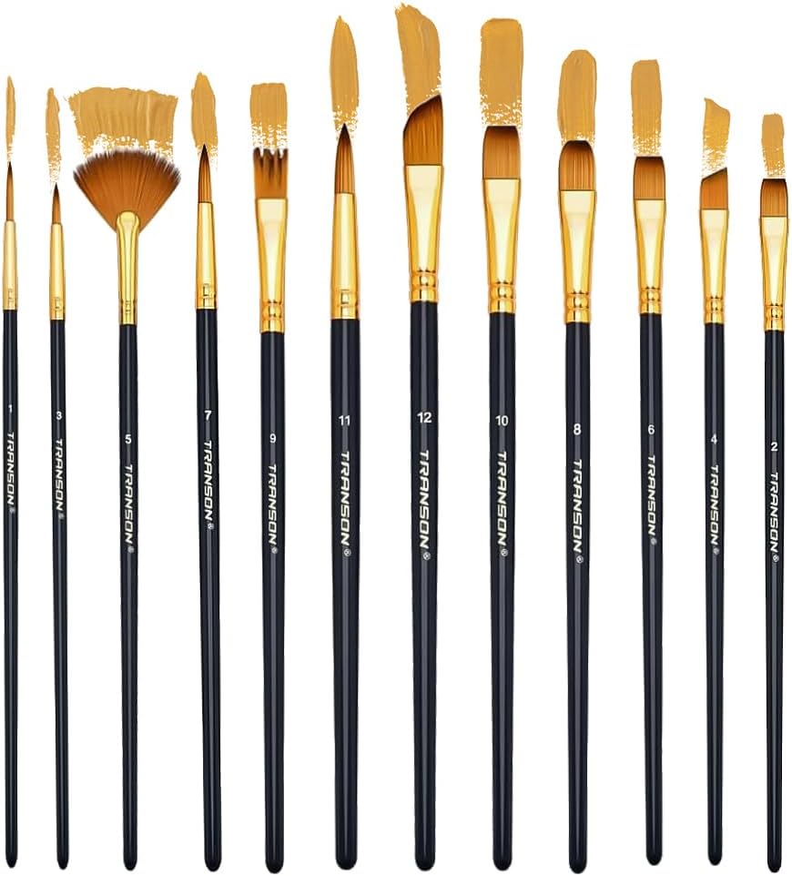 Transon Art Painting Brush Assorted Set of 12 for Acrylic Watercolor Gouache Hobby Painting