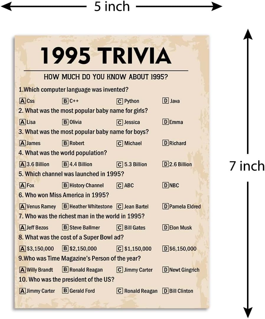 QUPT 30th Birthday Party Games, 1995 Trivia Games, Birthday Party Supplies for Adults, Fun 1995s Party Game，Pack of 30 Cards
