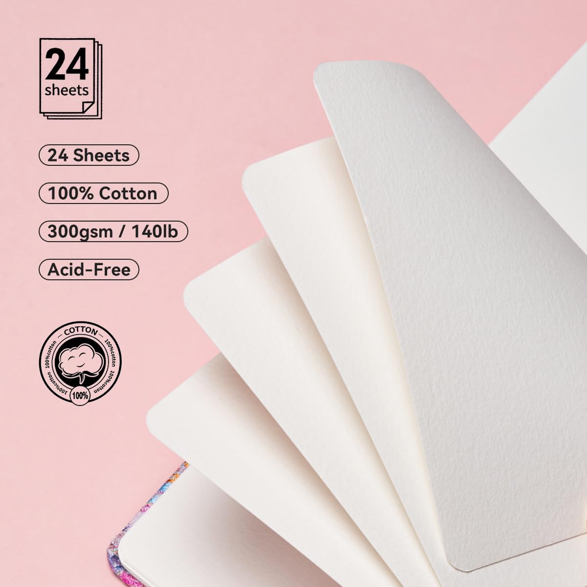 Lightwish Square Watercolor Journal,100% Cotton,300gsm/140lb,Acid-Free,24 Sheets Cold Press Watecolor Sketchbook for Artists Adults Students,6.29 * 6.29 Inches(Purple Sunset)