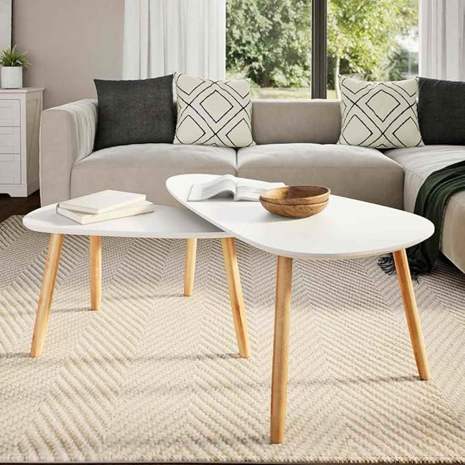 White Solid Pinewood and MDF Coffee Table Set of 2, Scandinavian Style Modern - Image 3