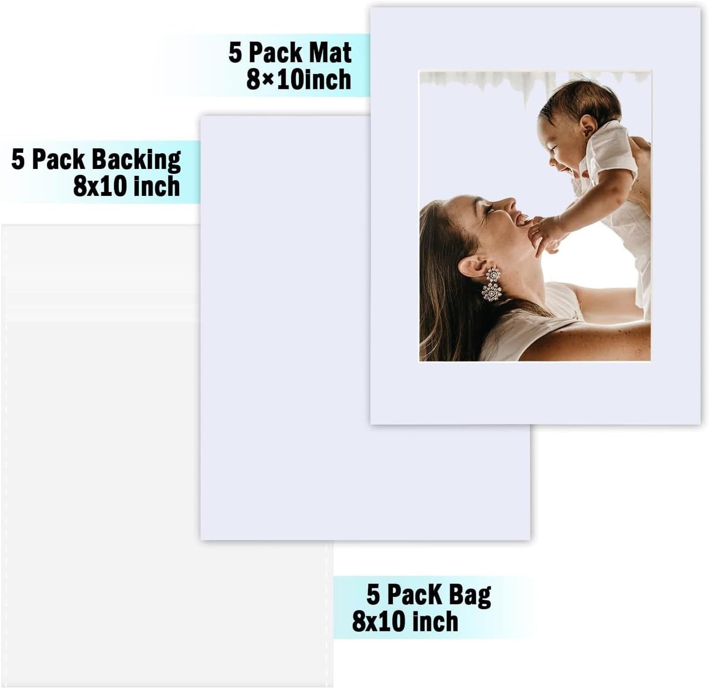 Egofine Pack of 5 White Mat Board Pre-Cut 8x10 Picture Mat for 5x7 Photo with White Core Bevel Cut Mattes Sets. Includes 5 High Premier Acid Free Mats & 5 Backing Board & 5 Clear Bags