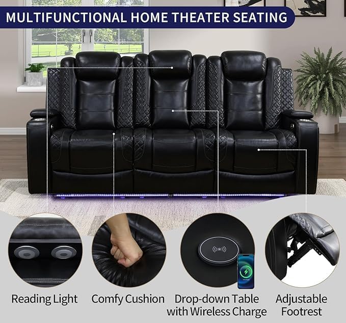 Power Recliner Set with LED Lights, Quilted Air Leather Reclining Set with USB - Image 4