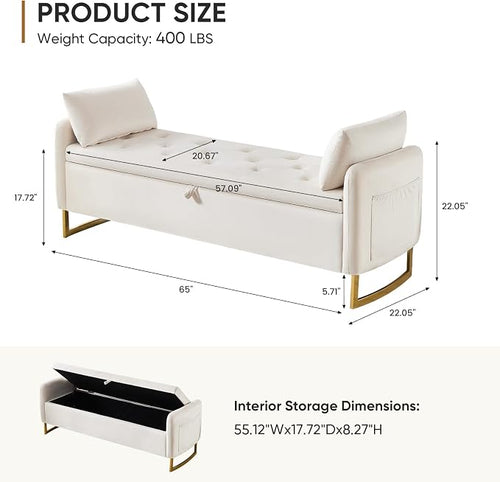 65" End of Bed Storage Bench, Velvet Storage Bench - Image 2