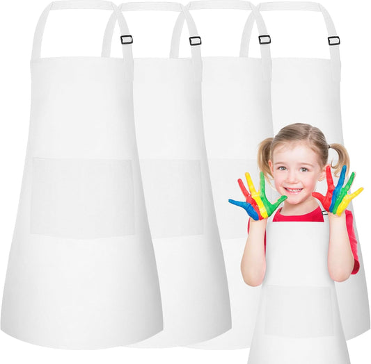 PLULON 12 Pcs Kids Apron Bulk Adjustable White Chef Apron with 2 Pockets Painting Aprons for Kids Cooking Baking Crafts (White)
