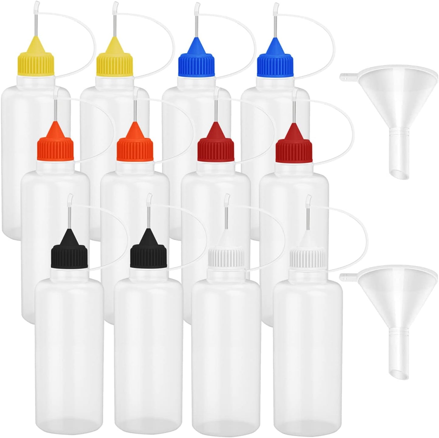 12 Pcs 2 Ounce Needle Tip Glue Bottle 60 mL Plastic Dropper Bottles Multicolor lid with 2 Pcs Mini Funnel for Small Gluing Projects, Paper Quilling DIY Craft, Acrylic Painting
