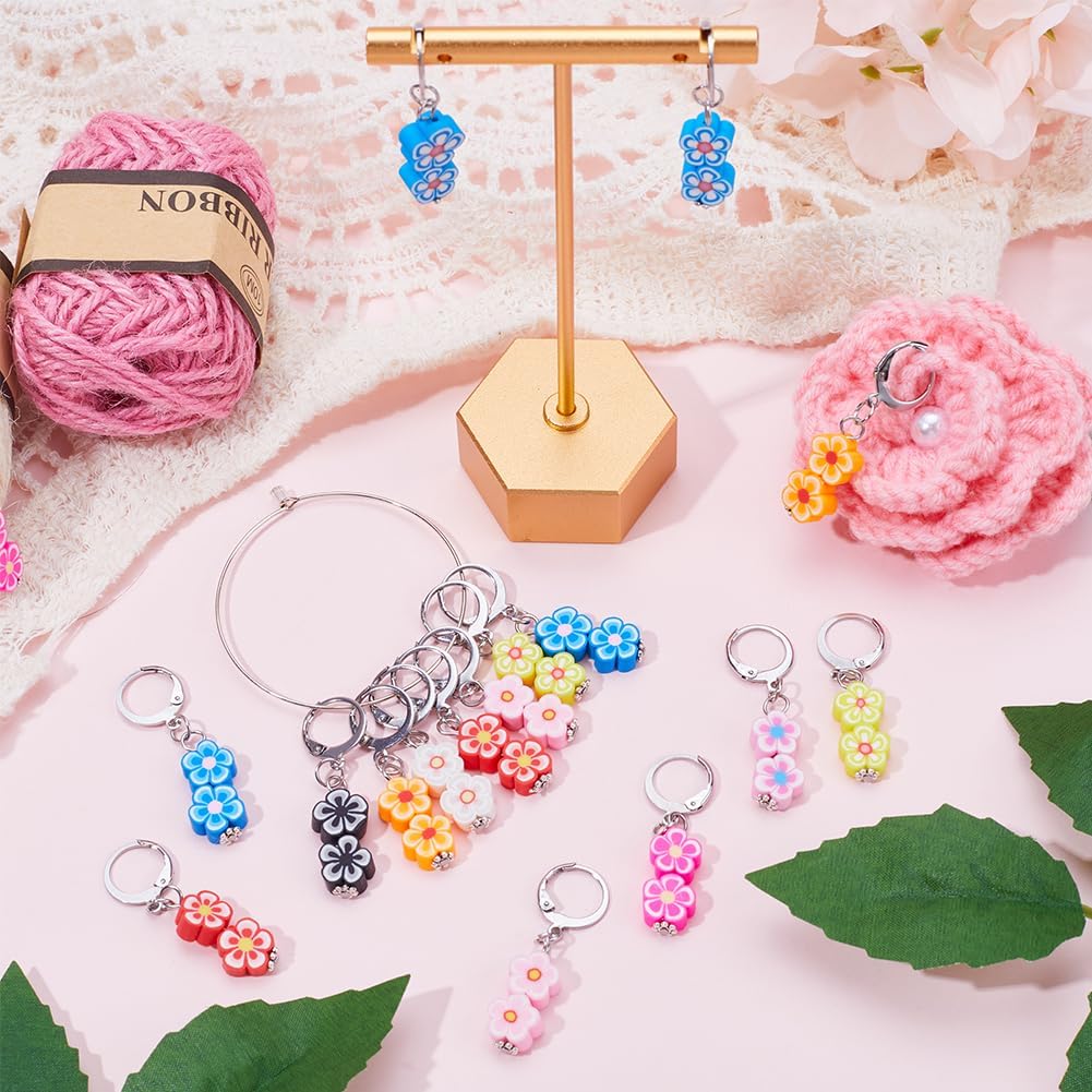 SUNNYCLUE 1 Box 20Pcs Knitting Stitch Markers Polymer Clay Flower Beads Cute Charms Removable Locking Crochet Marker Clip on Crocheting Charms for Sewing Weaving Knitting Yarns DIY Craft Supplies